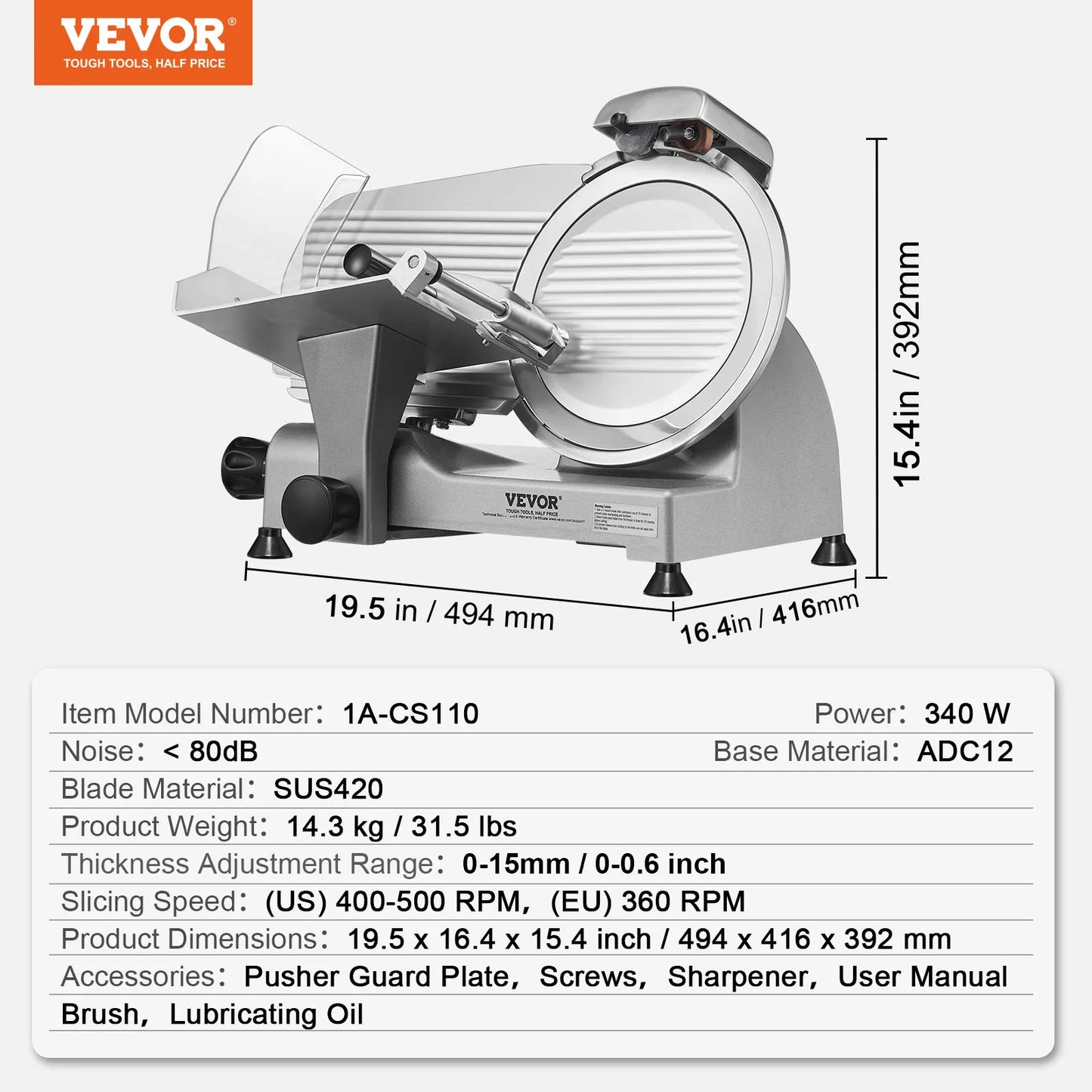 VEVOR 340W Meat Slicer Electric Deli Food Slicer with SUS420 Stainless Steel&Built-in Sharpening Stone for Commercial and Home