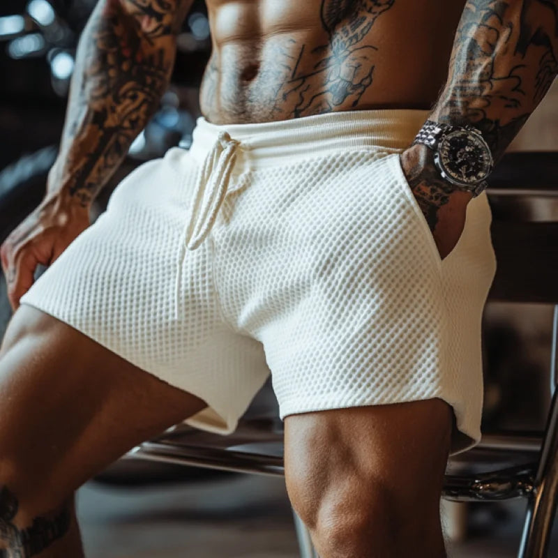 2025 Men's Oversized Stretch Waffle Shorts - Athletic Fitness, Casual Comfort, Elastic Waist, Lace-Up, Daily Basic Breathable Su