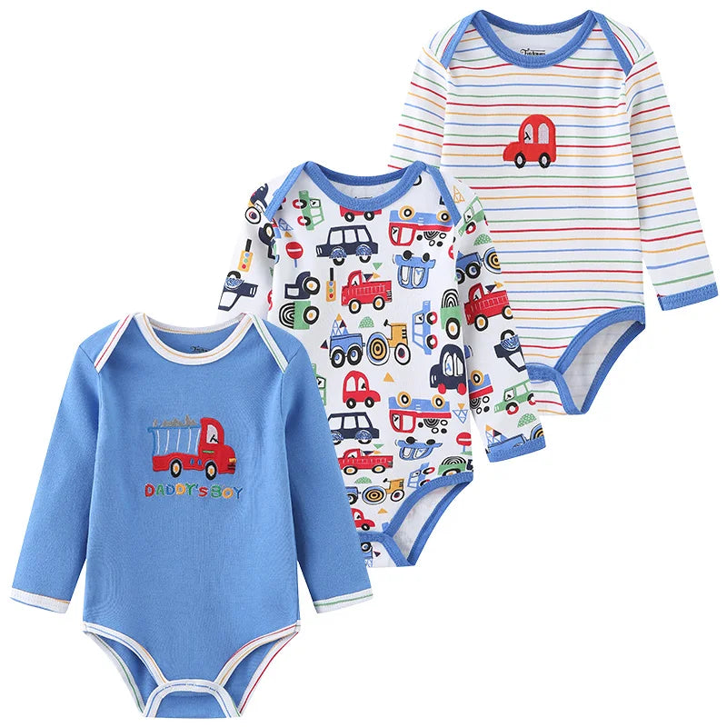 Kiddiezoom 3 Pcs Newborn Cartoon Long Sleeve 100%cotton Baby Boy Girl Bodysuit Soft Infant Onesies Clothes