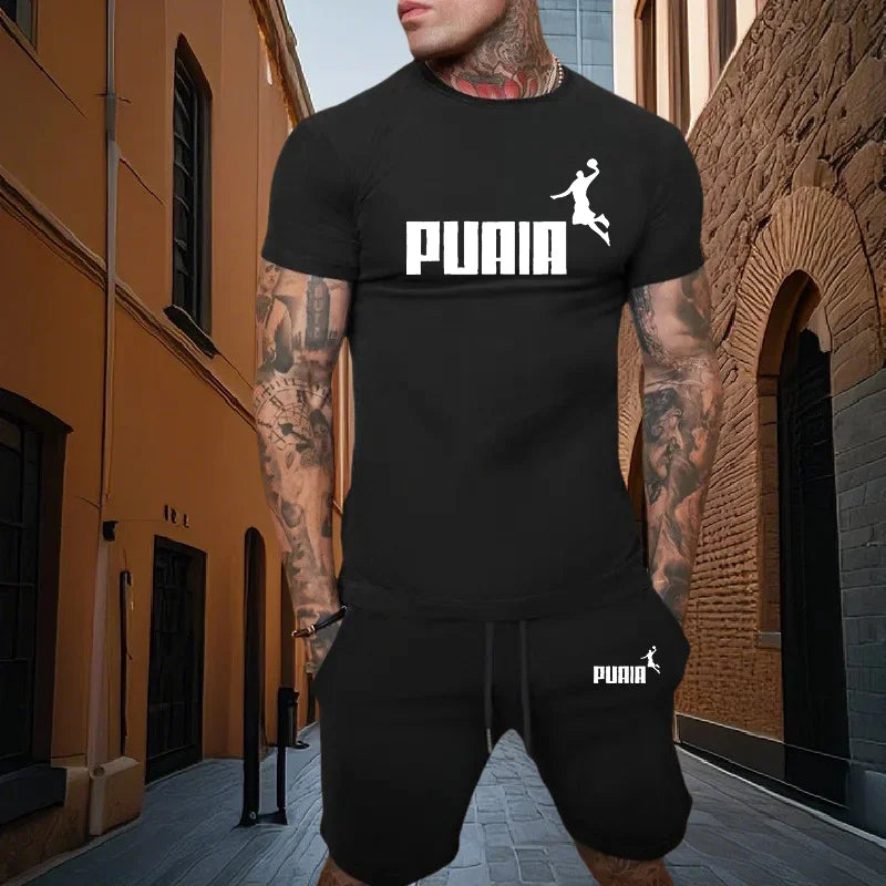 Summer fashion men's two-piece set men's casual sports set printed short sleeved set men's T-shirt+shorts fitness sportswear