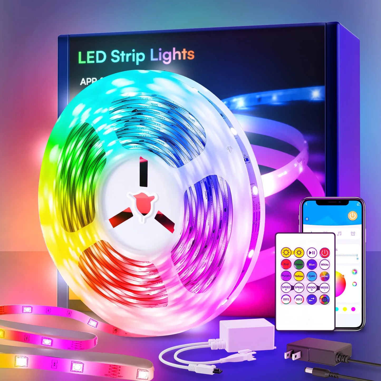 25/50/100/130ft smart LED light strip , bedroom color-changing RGB light built-in microphone can rhythm with music, su