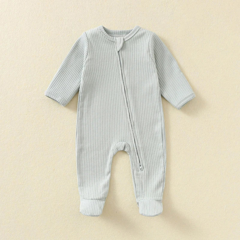 Baby Romper Long Sleeve Footed Cotton Zipper Front Outfit Spring Fall Newborn Unisex Ribbed Knitted Jumpsuit Pajamas Solid