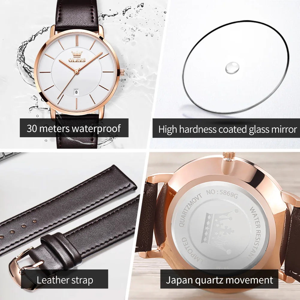 Top Brand OLEVS Ultra Thin 6.5mm Minimalist Fashion Quartz Watch for Men Leather Strap Auto Date Male Waterproof Mens Wristwatch