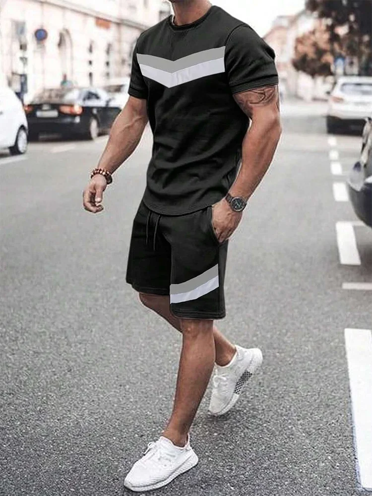 2025 Mens Summer Casual Suit Textured Printed Mixed Color Short Sleeve Outdoor Street Fashion Shorts Two Piece Pocket Loose Suit