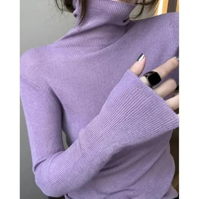 2025 Korean Style Turtleneck Long Sleeve Pullover Fashion Soft Warm Basic Sweater Women's Autumn Winter Slim Solid Knitwear Tops