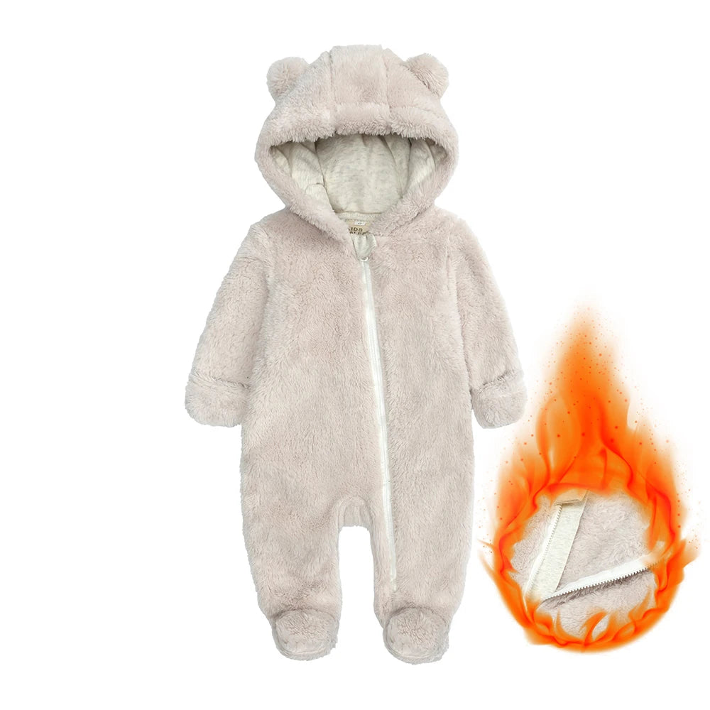 2025 Winter Baby Rompers Infant Fleece Bear Hooded Onesies Newborn Baby Boy Girl Zipper Jumpsuit Bodysuit Pyjamas