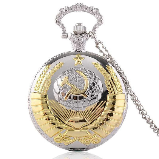 Vintage Emblem Soviet Badges Hammer Sickle Pocket Watch Retro Russia Army Communism Necklace Clock Chain for Men Women