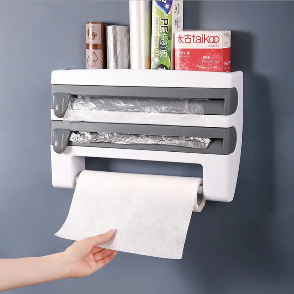 Kitchen Paper Towel Holder Wall-Mount Adhesive Tissue Hanger Sauce Bottle Rack 4In1 Cling Film Cutting Holder Organizer