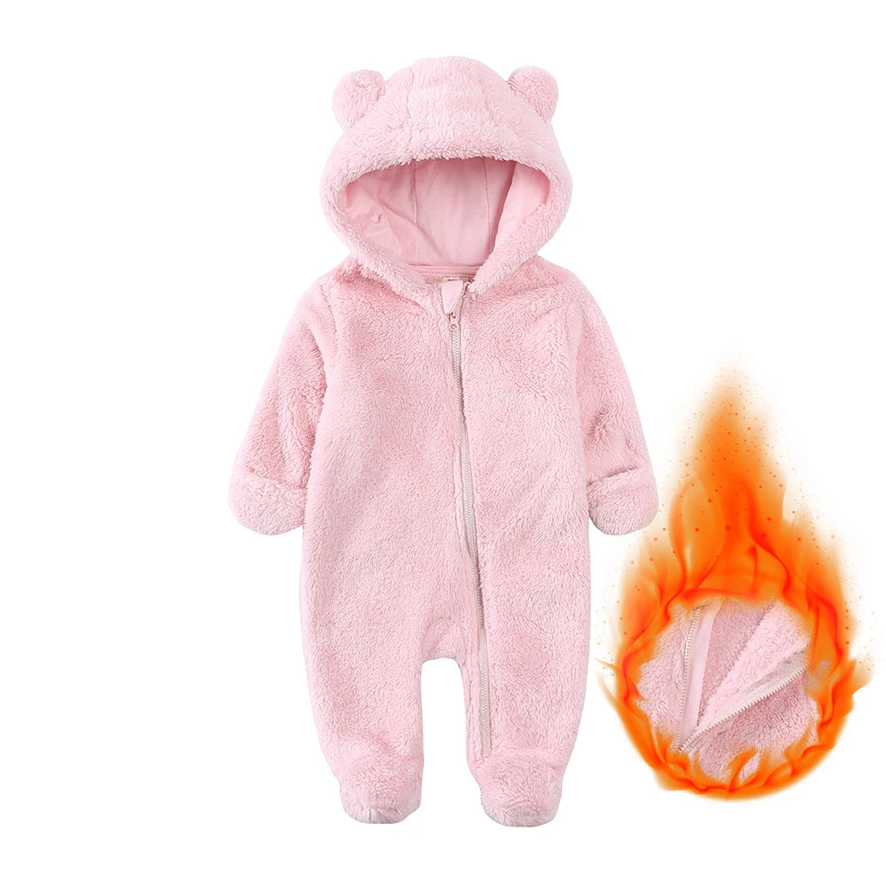 2025 Winter Baby Rompers Infant Fleece Bear Hooded Onesies Newborn Baby Boy Girl Zipper Jumpsuit Bodysuit Pyjamas
