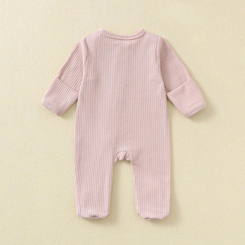 Baby Romper Long Sleeve Footed Cotton Zipper Front Outfit Spring Fall Newborn Unisex Ribbed Knitted Jumpsuit Pajamas Solid