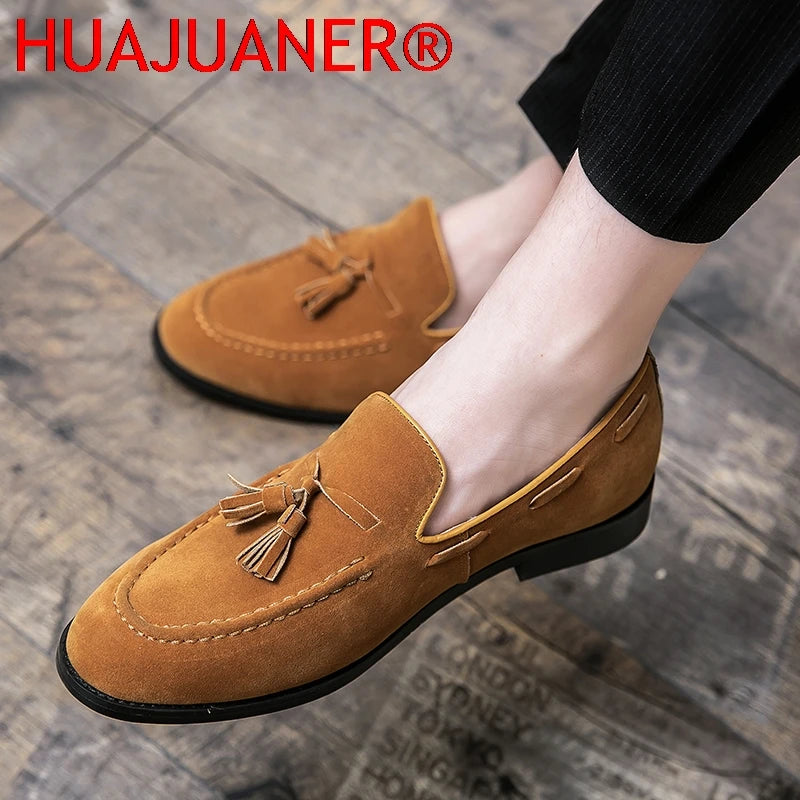 2025 New Spring Soft Suede Loafers for Men Tassel Slip On Leather Casual Shoes Yellow Moccasins Classic Business Shoes Luxury