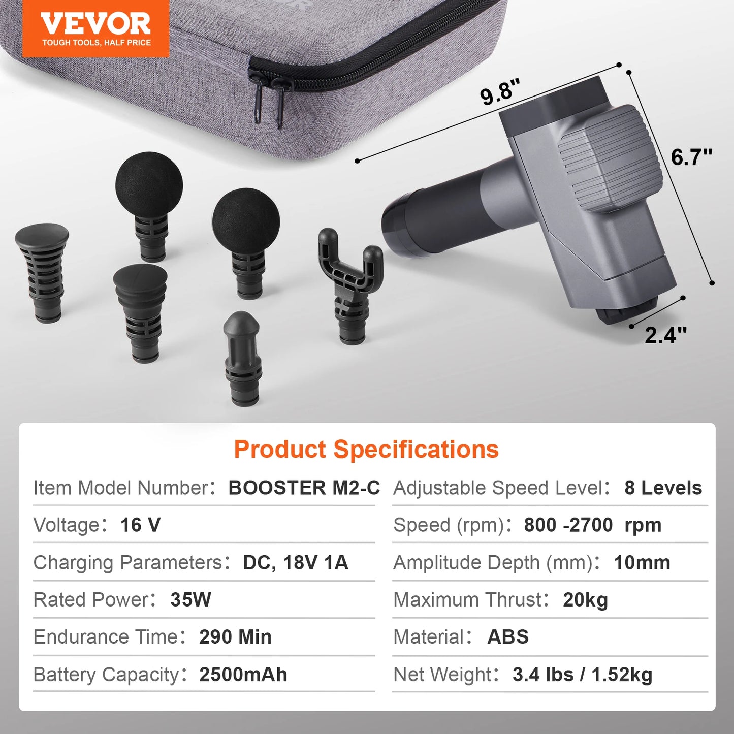 SucceBuy Massage Gun Deep Tissue Percussion Muscle Massager for Athletes w/ 8 Speed Levels 6 Massage Heads 16V 2500mAh Batteries