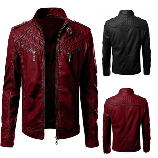 The new casual high-end fashion leather coat men sell European and American solid color handsome stand-up collar jacket