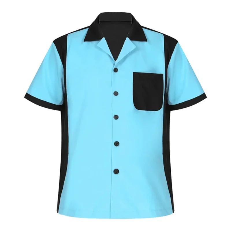 2024 summer new men's bowling shirt Retro short sleeve button casual multi-colored striped notch collar shirt 5XL