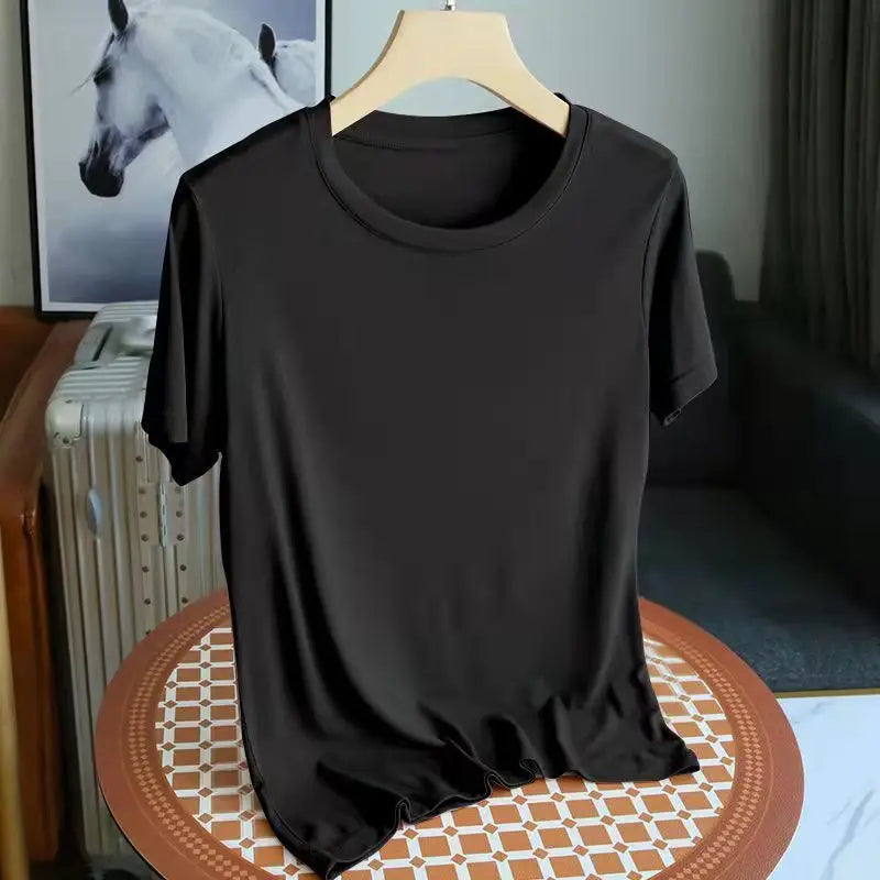 Fashion 2025 New Korean Women's Modal ONeck Short Sleeve T-Shirt Coffee Solid Color Casual Summer Lady Clothing Tee Basic Top