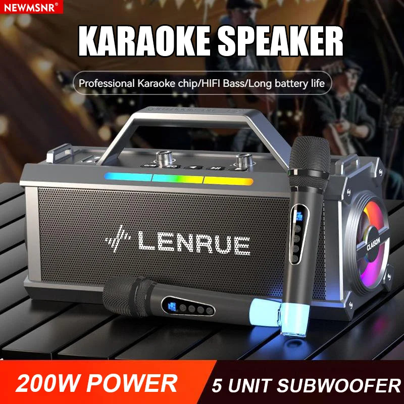 200W Powerful Colorful Light Effect Bluetooth Speaker with 2 Mic Portable Surround Sound Wireless Subwoofer Boombox Home Karaoke