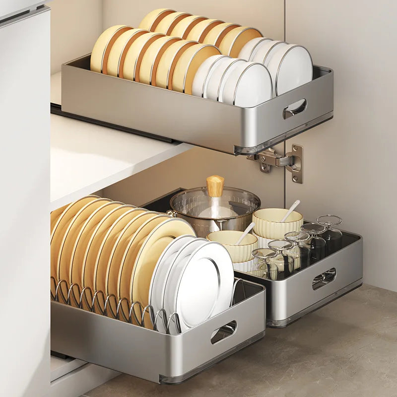 Kitchen Sliding Dish Rack Home Pull-out Drawer Bowl Storage Shelf Dish Drying Storage Box With Sliding Rail Kitchen Storage Rack
