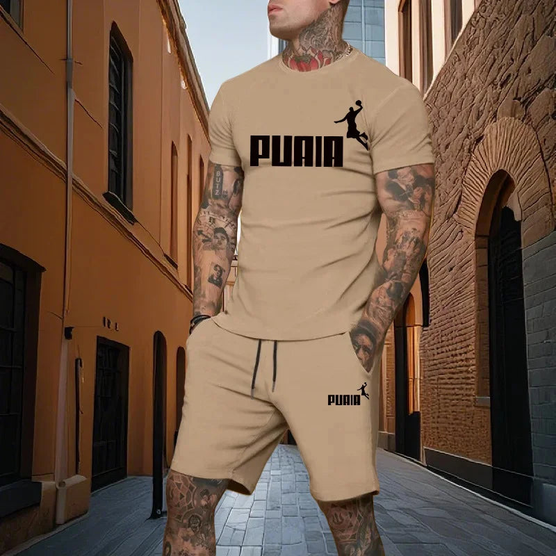 Summer fashion men's two-piece set men's casual sports set printed short sleeved set men's T-shirt+shorts fitness sportswear