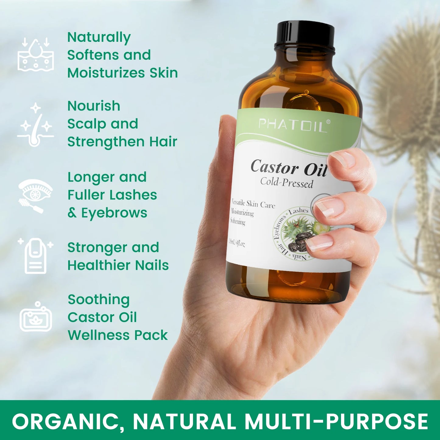 PHATOIL 118ml/236ml Organic Castor Oil 100% Pure and Natural Cold Pressed Castor Oil for Hair Growth, Eyelashes and Eyebrows