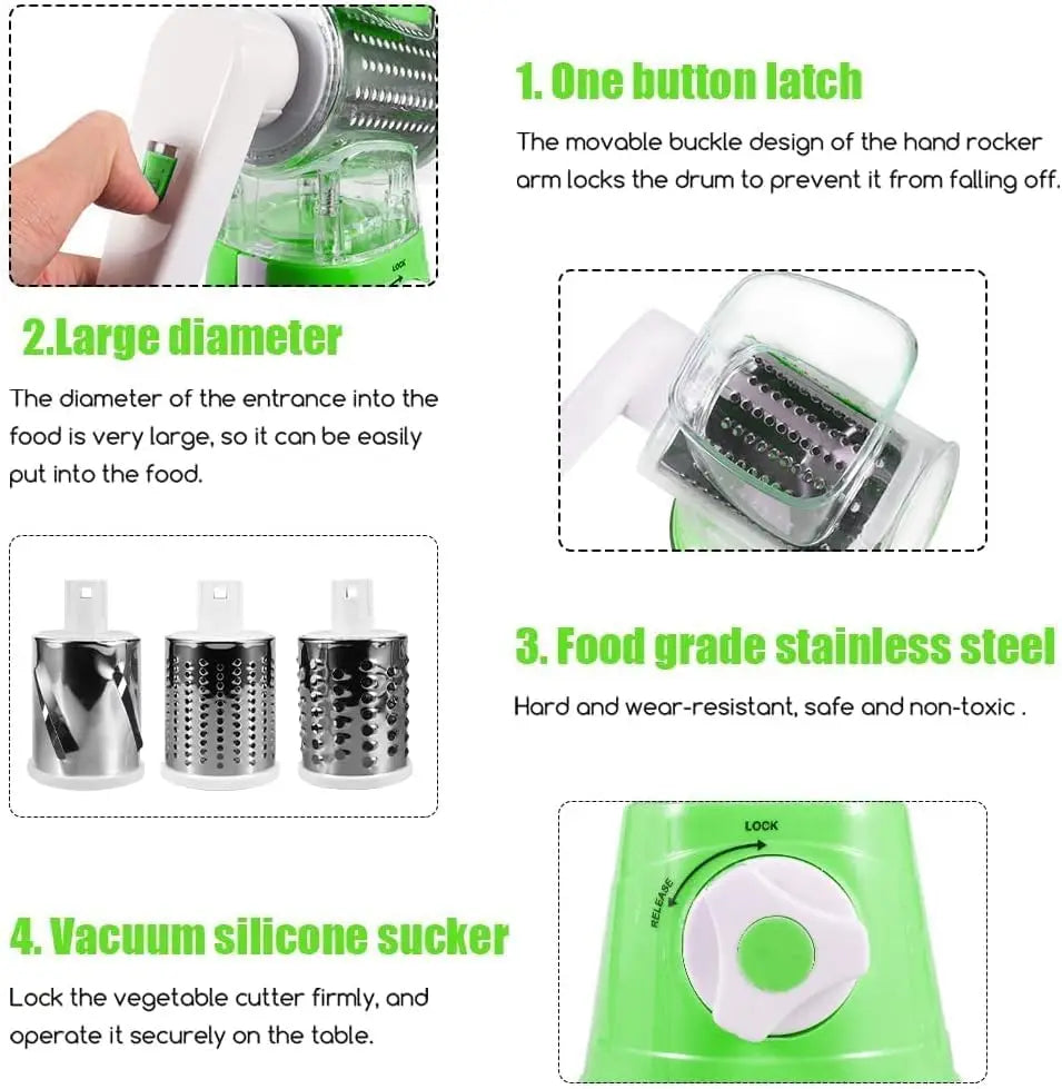 Cheese Grater Rotary, Rotary Grater for Kitchen, 3 in 1 Grater Vegetable Slicer with 3 Drum Blades,Fast Cutting Cheese Shredder