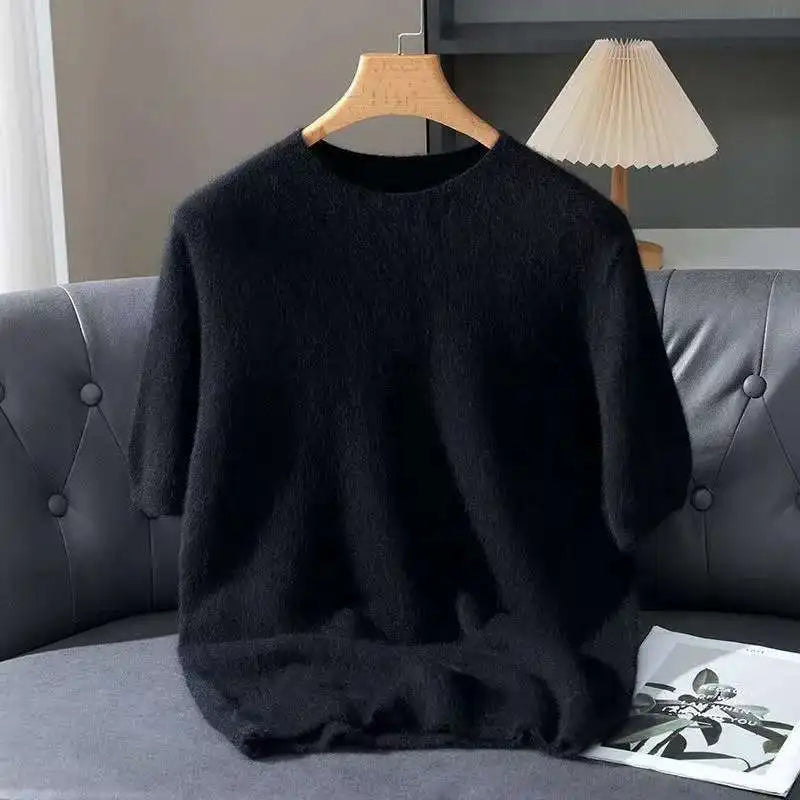 100% Mink Cashmere Knit Sweater Men's T-Shirt Spring Summer Loose O-Neck Solid Color Casual Business Base Pullover Short Sleeve