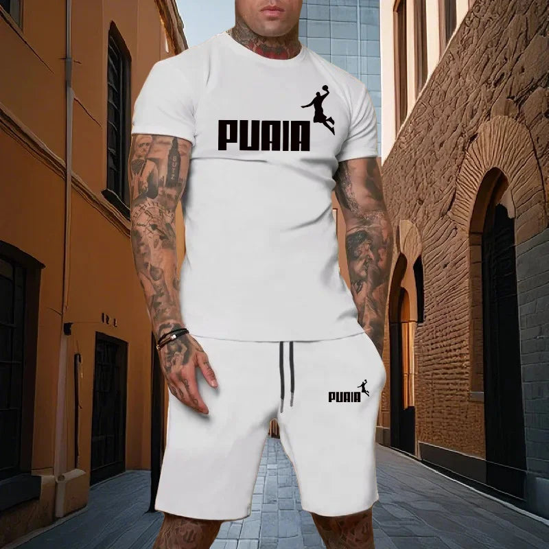 Summer fashion men's two-piece set men's casual sports set printed short sleeved set men's T-shirt+shorts fitness sportswear