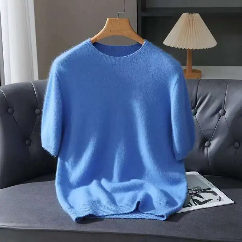 100% Mink Cashmere Knit Sweater Men's T-Shirt Spring Summer Loose O-Neck Solid Color Casual Business Base Pullover Short Sleeve