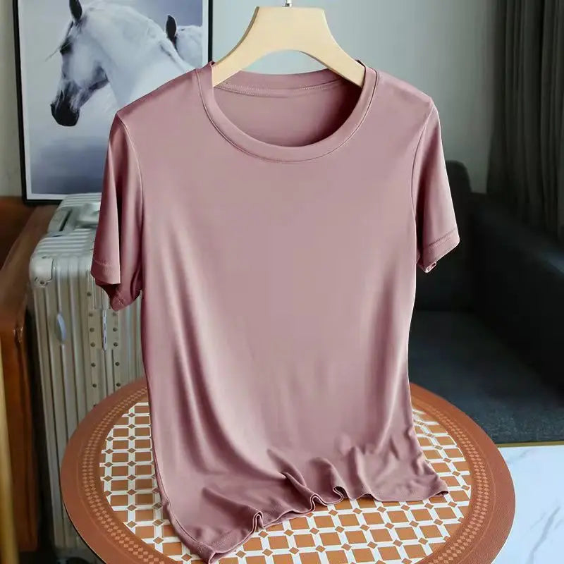 Fashion 2025 New Korean Women's Modal ONeck Short Sleeve T-Shirt Coffee Solid Color Casual Summer Lady Clothing Tee Basic Top