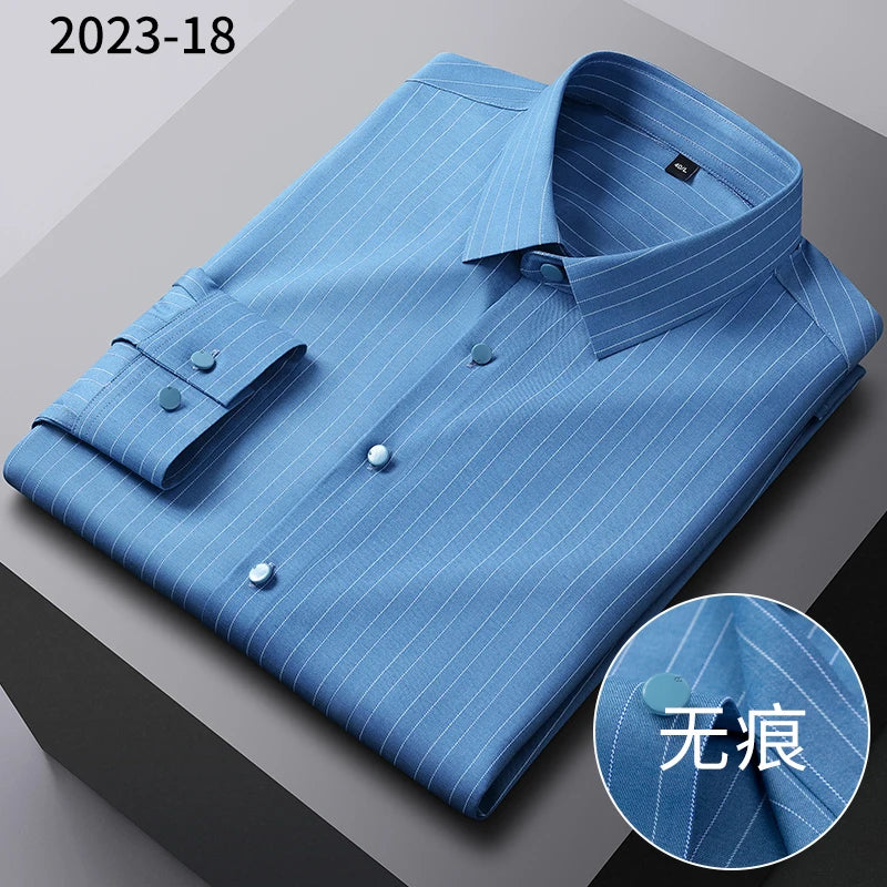 2025New Bamboo Fiber Men's Shirt Fashionable Business Casual Men Clothing Solid Color Elastic No-Iron Easy-Care Long-Sleeved Top