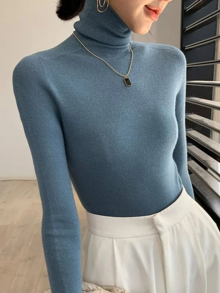 2025 Korean Style Turtleneck Long Sleeve Pullover Fashion Soft Warm Basic Sweater Women's Autumn Winter Slim Solid Knitwear Tops