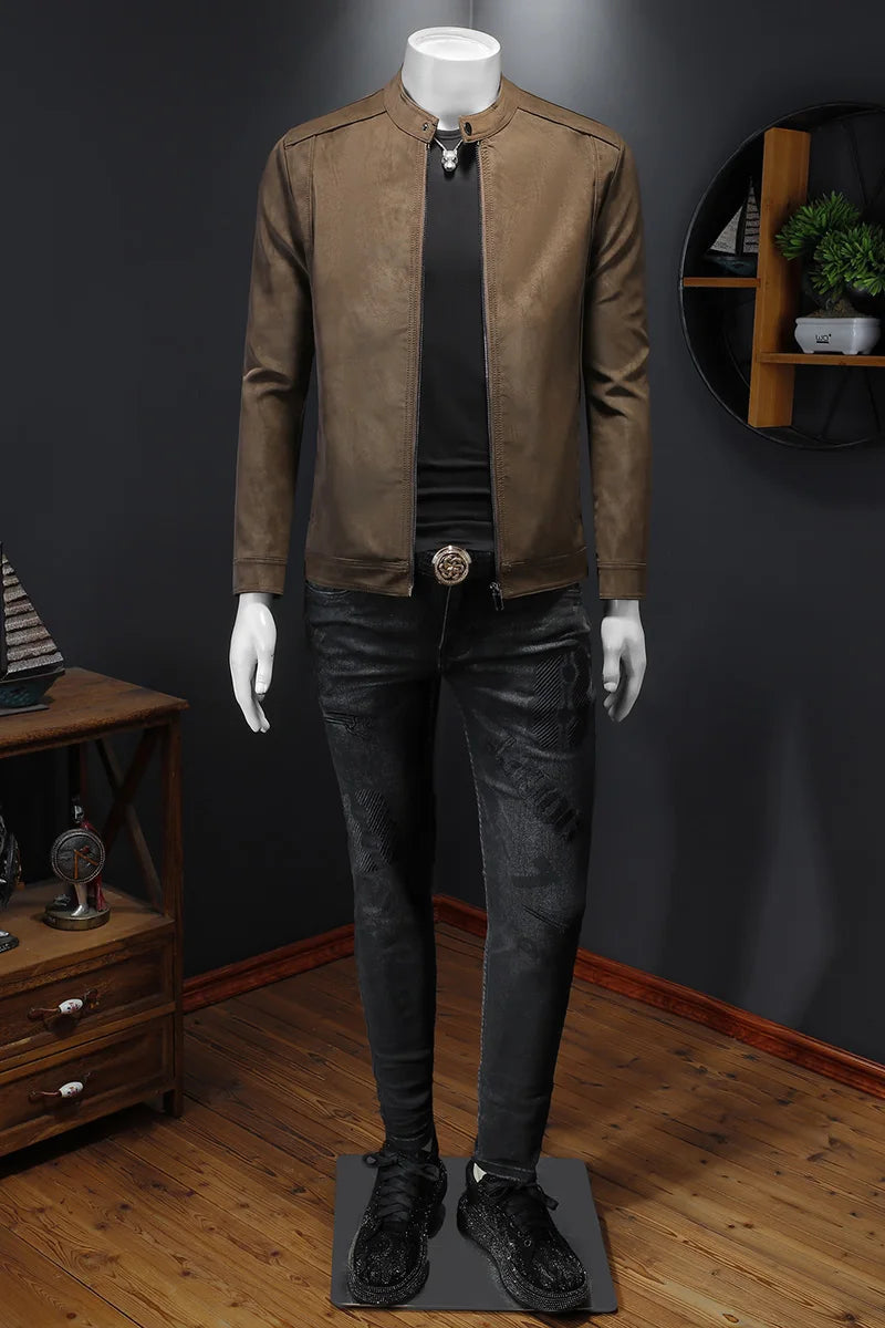 2025 new high-quality slim fit leather jacket, men's casual stand up collar motorcycle leather jacket,