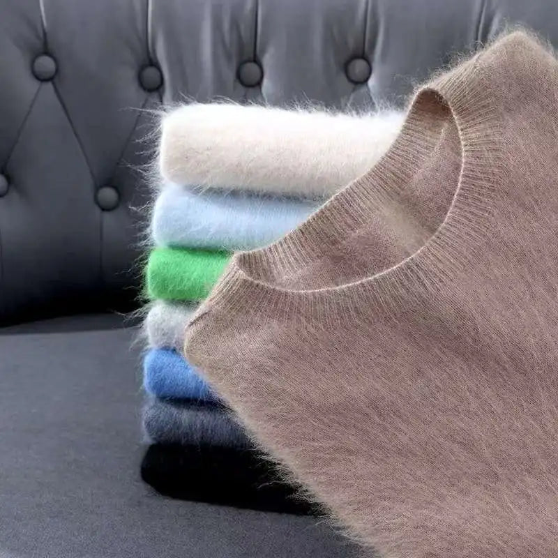 100% Mink Cashmere Knit Sweater Men's T-Shirt Spring Summer Loose O-Neck Solid Color Casual Business Base Pullover Short Sleeve