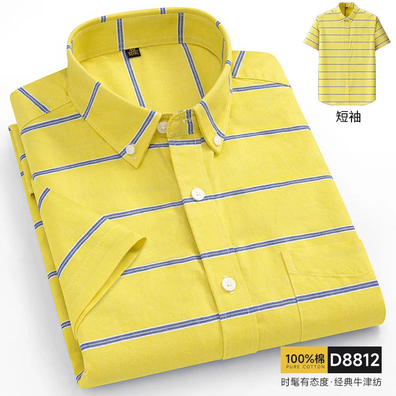 Summer 100% Pure Cotton Men Shirts Short Sleeve Dress Shirts Male Slim Social Business Blouse Solid Color Oxford Shirt 7XL 8XL
