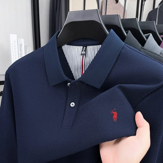 100% pure cotton autumn and winter men's fashion sports brand embroidered pony long sleeved POLO shirt business casual T-shirt