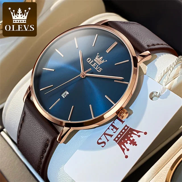 Top Brand OLEVS Ultra Thin 6.5mm Minimalist Fashion Quartz Watch for Men Leather Strap Auto Date Male Waterproof Mens Wristwatch