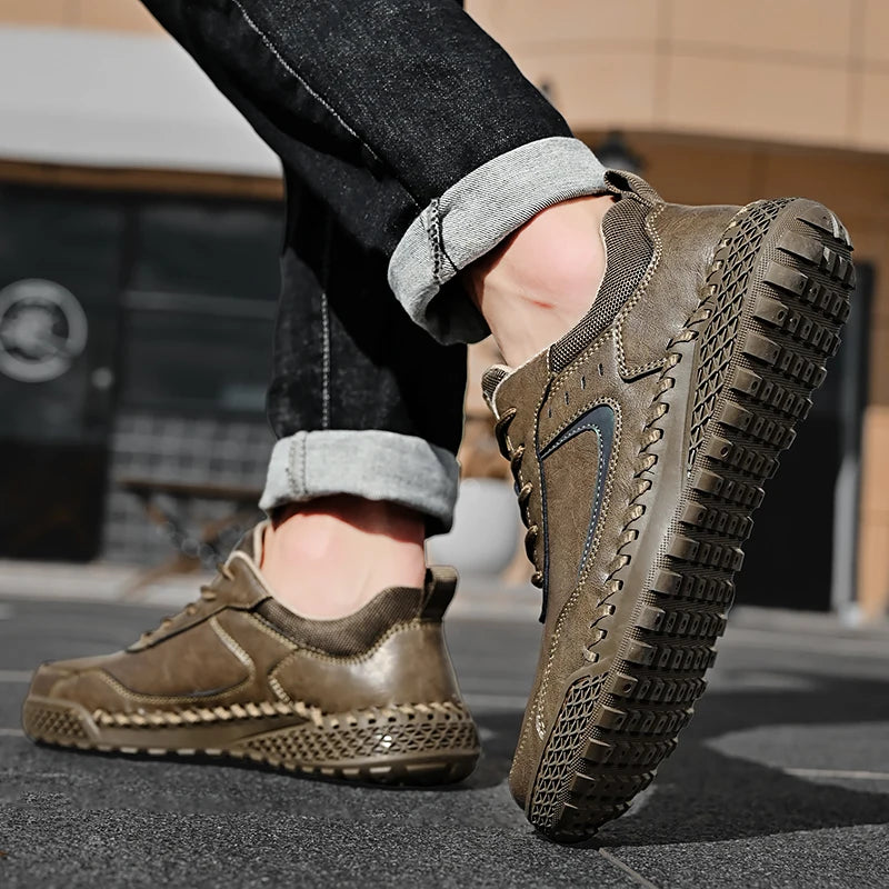 Stylish Mens Casual Leather Sneakers Classic Men's Masculino Leisure Walk Trainers Lace-Up Men Outdoor Handmade Treking Footwear