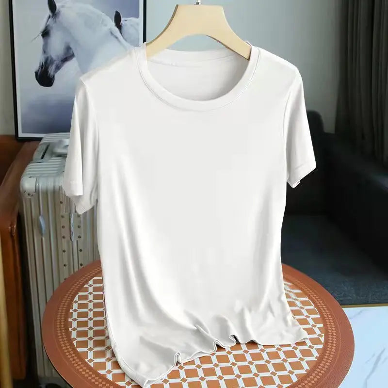 Fashion 2025 New Korean Women's Modal ONeck Short Sleeve T-Shirt Coffee Solid Color Casual Summer Lady Clothing Tee Basic Top