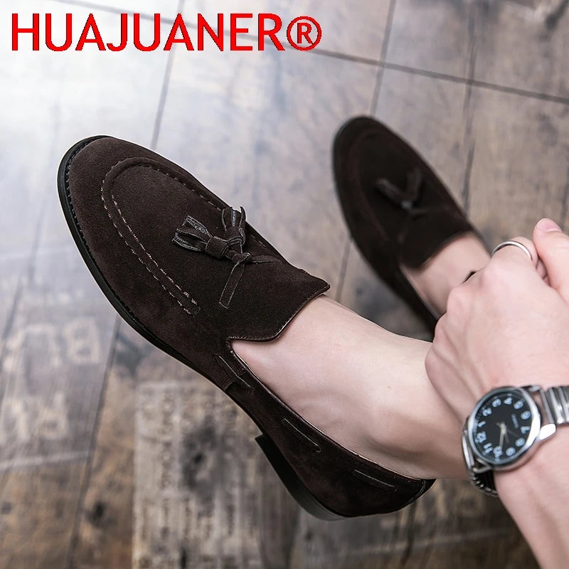 2025 New Spring Soft Suede Loafers for Men Tassel Slip On Leather Casual Shoes Yellow Moccasins Classic Business Shoes Luxury
