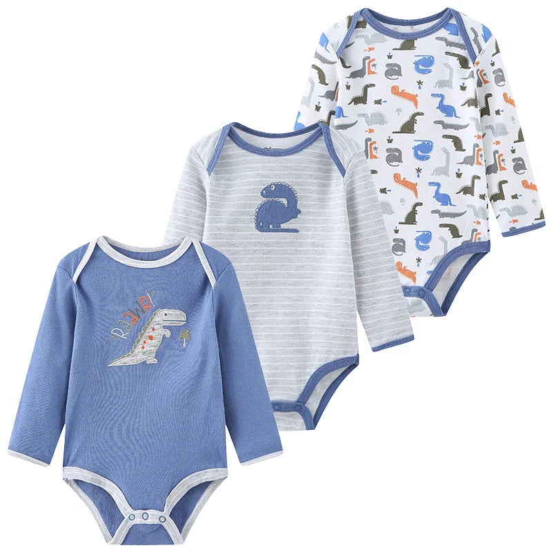 Kiddiezoom 3 Pcs Newborn Cartoon Long Sleeve 100%cotton Baby Boy Girl Bodysuit Soft Infant Onesies Clothes
