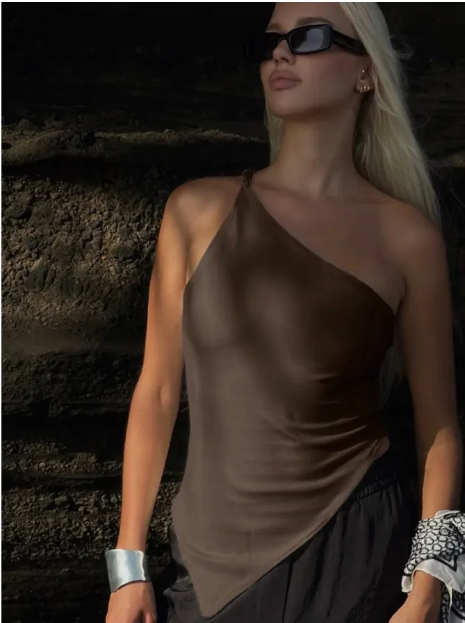 2025 New Fashionable Casual Women's T-Shirt Solid Color Single Shoulder Asymmetrical Slim Fit Top One-Piece Neck