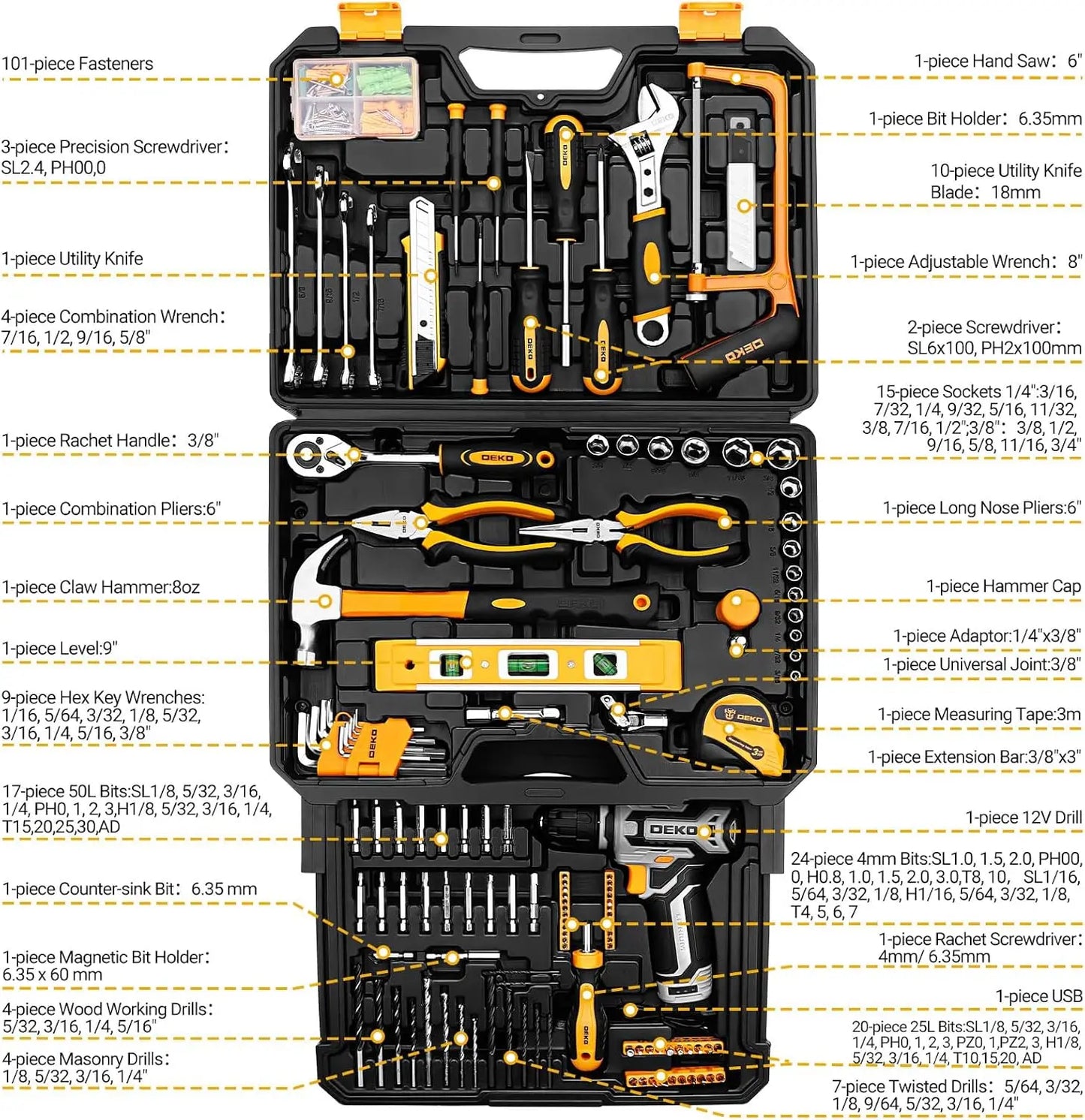 Tool Kit Box Drill Set：Home Mechanic Toolbox with 12V Power Cordless Drill Hand Repair Tools Sets Combo Kits Storage