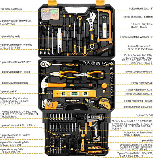 Tool Kit Box Drill Set：Home Mechanic Toolbox with 12V Power Cordless Drill Hand Repair Tools Sets Combo Kits Storage