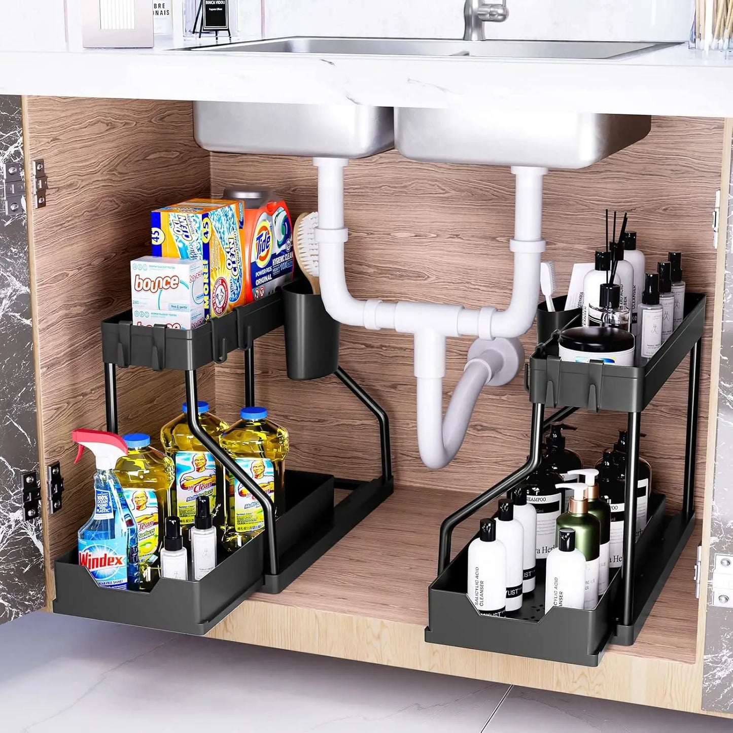 Under-sink storage rack, kitchen cabinet storage, dual-slide storage drawer, multi-purpose bathroom storage basket