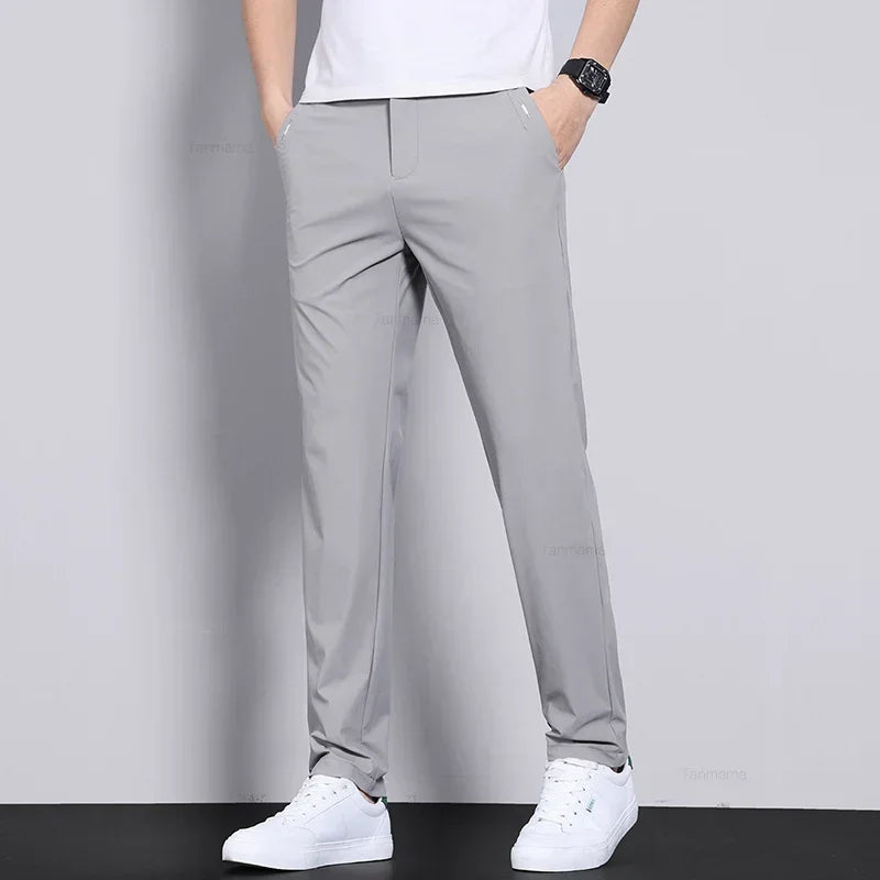 Ultra-thin Elastic Men's Casual Trousers Summer Quick-drying Ice Silk Slim Straight Business Solid Color Trousers Black Gray