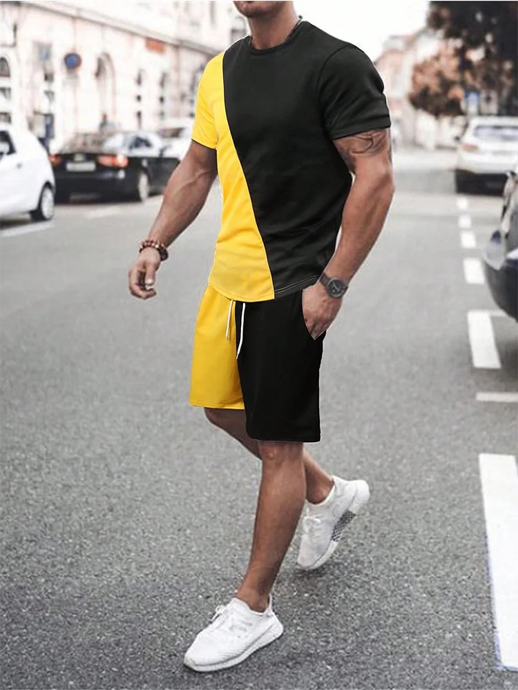 2025 Mens Summer Casual Suit Textured Printed Mixed Color Short Sleeve Outdoor Street Fashion Shorts Two Piece Pocket Loose Suit