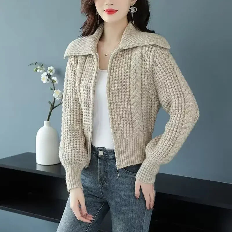 Autumn Winter Chic Solid Turn-down Collar Zipper Thickening Sweaters Women Clothing Fashion Commute Loose Knitted Cardigan