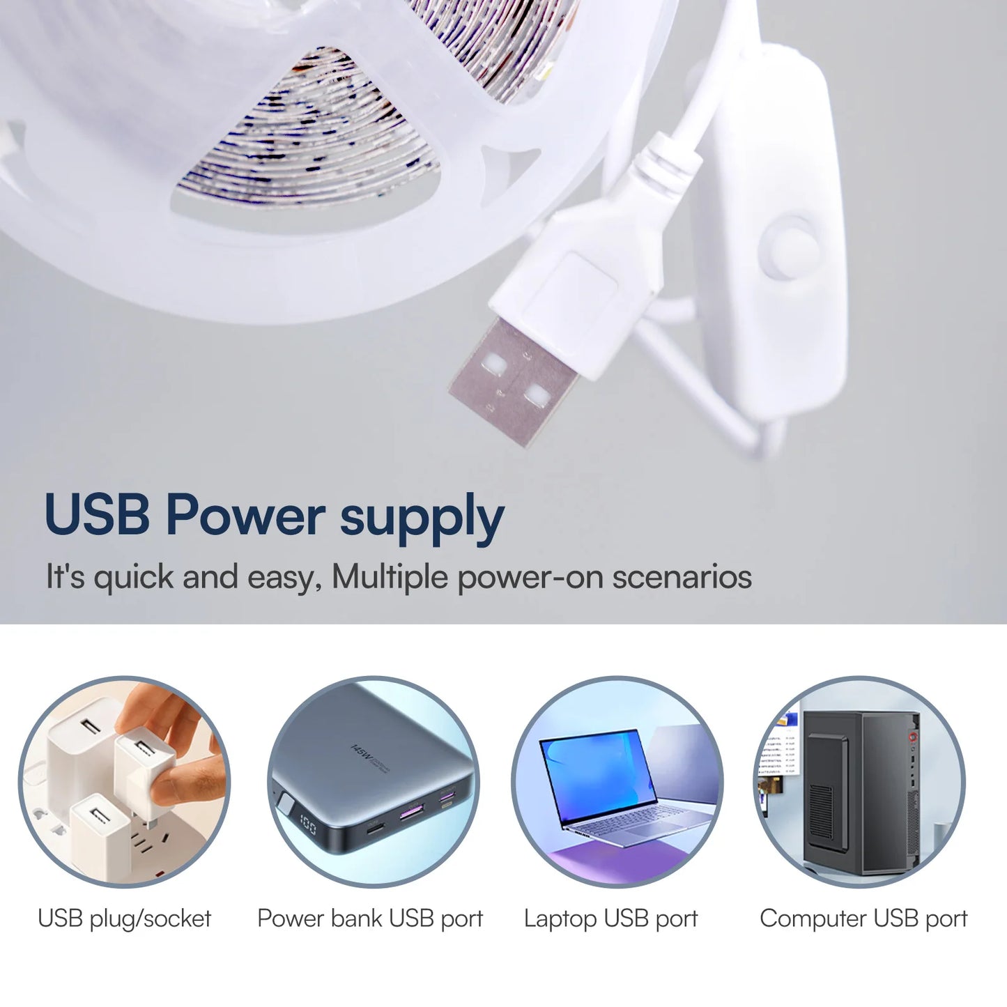 White LED Strip Light 16.4FT 5V USB Light Powered Flexible SMD2835 Tape Lights for Bedroom, TV Backlight, Kitchen, Mirror Dec