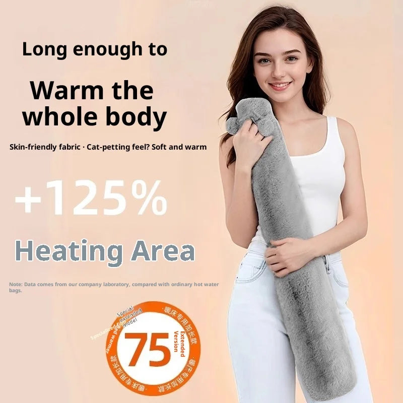2000ML Extra Long Hot Water Bottle 76x10cm Soft Plush Removable Cover for Waist Back Hand Foot Warmth Pain Relief Winter Use