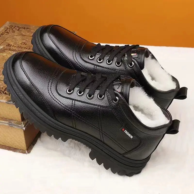 2025 Winter Men's Business Casual Leather Shoes, Men's Fashionable Breathable Shoes, Casual Lace-up Single Leather Cotton Shoes