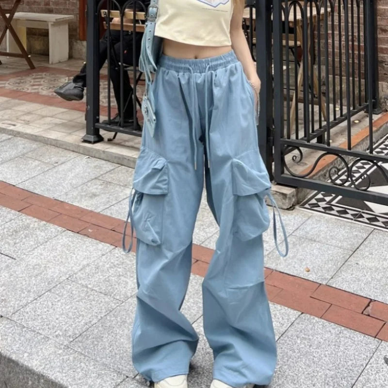 SweatPants Women Vintage Cargo Pants Fashion Elastic Waist Retro Oversized Solid Wide Leg Pant Casual Streetwear Baggy Trousers